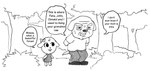 anthro bottomwear clothing dialogue duo forest male pants plant relatable ribbons simple_background skirt text tree white_background efradraws canid canine canis domestic_dog mammal absurd_res comic english_text graphite_(artwork) hi_res monochrome traditional_media_(artwork) grandparent_(lore)