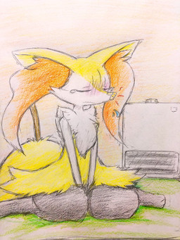 ambiguous_anthro ambiguous_gender anthro bandage bandage_on_face bandage_on_nose biped blush bodily_fluids closed_frown digitigrade ears_down emanata flying_sweatdrops front_view frown inside mouth_closed nude_ambiguous nude_anthro object_in_tail pivoted_ears simple_background sitting snout solo stick stick_in_tail sweat sweatdrop tail tears wariza wavy_mouth eiroru nintendo pokemon braixen canid generation_6_pokemon mammal pokemon_(species) 2018 3:4 colored colored_pencil_(artwork) full-length_portrait graphite_(artwork) portrait shaded traditional_media_(artwork)