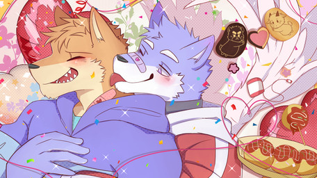 anthro band-aid bandage blue_body blue_clothing blue_fur blush clothing confetti duo eyes_closed food fur heart_symbol hug hugging_another hugging_from_behind kissing licking male male/male red_clothing smile sparkles takoyaki thread tongue kyouu15 furloid utau vocaloid yamaha_corporation dogou_uru rouka_azuma canid canine canis mammal wolf absurd_res hi_res