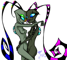 antennae_(anatomy) areola backpack blue_eyes breasts butt claws duo facial_piercing female female/female green_body green_skin hug hugging_another lip_piercing looking_at_viewer navel nipples nude one_eye_closed pak piercing scar simple_background smile smirk tattoo teasing tongue tongue_out white_background xenophilia hyenakay invader_zim nickelodeon alien alien_humanoid humanoid irken