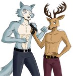 5_fingers abs anthro antlers arm_scar athletic athletic_anthro athletic_male belt black_nose bottomwear brown_body brown_fur claws clothed clothing countershade_face countershade_torso countershading duo eye_scar facial_scar finger_claws fingers fur grey_body grey_fur gun hand_on_hip hand_on_own_hip handgun holding_gun holding_handgun holding_object holding_pistol holding_ranged_weapon holding_weapon horn humanoid_hands looking_at_viewer male multicolored_body multicolored_fur navel pants pistol ranged_weapon scar simple_background standing tan_body tan_countershading tan_fur topless topless_male trigger_discipline two_tone_body two_tone_fur weapon white_background jde10 beastars legoshi_(beastars) louis_(beastars) canid canine canis cervine deer mammal red_deer wolf 2021 absurd_res digital_media_(artwork) hi_res signature