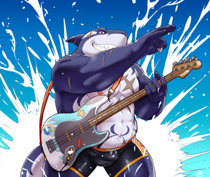 5_fingers abs anthro bass_guitar biped blue_body bottomwear bulge clothed clothing fingers guitar holding_guitar holding_guitar_pick holding_musical_instrument holding_object humanoid_hands male multicolored_body musclegut muscular musical_instrument navel nipples playing_guitar playing_music plucked_string_instrument red_eyes scar solo standing string_instrument swimming_trunks swimwear two_tone_body white_body mknskhnbs lifewonders tokyo_afterschool_summoners typhon_(tas) aquatic cetacean dolphin fish hybrid mammal oceanic_dolphin orca shark toothed_whale