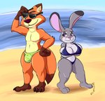 anthro beach big_breasts bikini breasts bulge canid canine clothed clothing daison_the_fox disney duo embarrassed eyewear female fox fur green_clothing green_speedo green_swimwear grey_body hi_res hindpaw judy_hopps lagomorph leporid male male/female mammal nick_wilde orange_body orange_fur paws rabbit sea speedo sunglasses sunny swimwear thick_thighs topless topless_male two-piece_swimsuit water zootopia