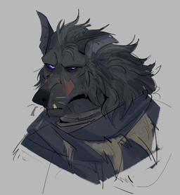anthro facial_scar fur grey_body grey_fur male mane purple_eyes scar solo heromule elden_ring fromsoftware blaidd_(elden_ring) canid canine canis mammal wolf hi_res