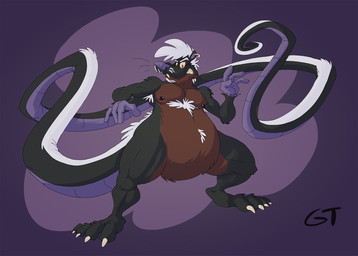anthro belly ear_piercing facial_hair goatee hair long_tail male nipple_piercing nipples overweight overweight_male piercing solo tail tail_coil whiskers white_hair gtskunkrat gtskunkrat_(character) hybrid mammal mephitid murid murine rat rodent skunk hi_res