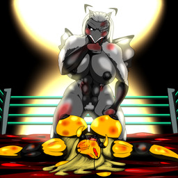 abs antennae_(anatomy) big_breasts black_nipples black_sclera blonde_hair blood bodily_fluids breasts bruised dirt duo elderly female fight genitals grey_body grey_skin hair muscular muscular_female nipples non-mammal_breasts pubes pupils red_sclera ring saliva vulva white_hair white_pupils saesar arthropod hymenopteran insect lepidopteran moth wasp 1:1 hi_res