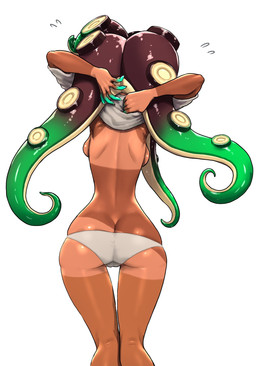 back_boob breasts bubble_butt butt butt_cleavage clothed clothing clothing_lift female glistening glistening_butt not_furry panties pseudo_hair rear_view shirt shirt_lift simple_background slim small_breasts solo suntan tan_line tentacle_hair tentacles thigh_gap topwear underwear undressing white_background koharuno2 nintendo splatoon marina_(splatoon) aquatic cephalopod humanoid mollusk octarian octoling hi_res