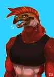 anthro blue_background breasts clothed clothing crop_top cross female gill_piercing gills hair mohawk muscular muscular_anthro muscular_female open_mouth red_body red_hair sharp_teeth shirt simple_background solo teeth topwear ferrilo shoyu_(velow) fish marine salmon salmonid_(fish) sockeye_salmon half-length_portrait hi_res portrait