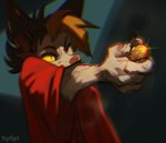 anthro blurred_character chromatic_aberration clothing holding_coin holding_object light red_clothing solo hyilpi vi-bellum_(hyilpi) canid canine mammal 2023 artist_name digital_media_(artwork) hi_res lighting shaded