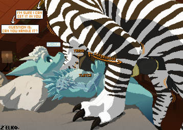 accessory animal_genitalia animal_penis anthro anthro_on_feral ball_tuft balls bed bedroom bestiality bodily_fluids claws cock_ring cock_ring_behind_knot dialogue dripping duo equine_genitalia equine_penis feral furniture genital_fluids genitals grinding_on_penis holding_penis hybrid_genitalia hybrid_penis jewelry knot knotted_equine_penis knotted_penis leaking_precum lying lying_on_bed male male/male on_back on_bed penis penis_accessory penis_jewelry precum precum_drip precum_on_chest presenting presenting_penis sheath size_difference speech_bubble stripes text tuft conditional_dnp kiingd zelkothezeeb mythology darius_(drgnshoard) zelko dragon elemental_creature elemental_dragon equid equine felkin hybrid ice_dragon mammal mythological_creature mythological_scalie scalie zebra digital_media_(artwork) pixel_(artwork)