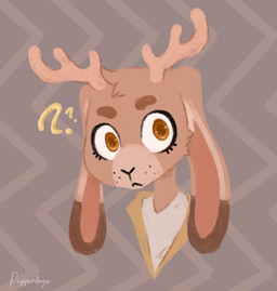 anthro antlers big_eyes brown_body brown_eyes brown_fur clothed clothing eyebrows female fur horn long_ears looking_at_viewer pattern_background simple_background solo thick_eyebrows toony pupperdogs jackalope lagomorph leporid mammal rabbit 2020 bust_portrait digital_media_(artwork) lineless portrait