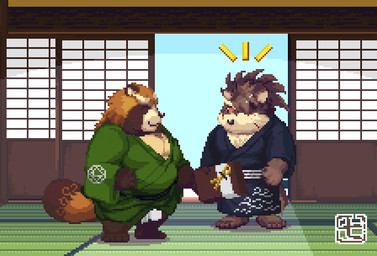 anthro asian_clothing belly box brown_body brown_fur chibi clothing container duo east_asian_clothing eyebrows fur gift_box grey_body grey_fur hair hair_over_eye japanese_clothing male male/male one_eye_obstructed overweight overweight_male ponytail smile thick_eyebrows nanadragon4 lifewonders tokyo_afterschool_summoners gyobu_(tas) shino_(tas) canid canine canis domestic_dog mammal raccoon_dog tanuki digital_media_(artwork) pixel_(artwork)