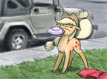 >_< blonde_hair car cutie_mark detailed_background eyes_closed female feral fetlocks freckled_face freckles frisbee fur grass hair hit_in_face hooves impact long_hair orange_body orange_fur outside plant sidewalk solo street vehicle wearing_hat king-kakapo friendship_is_magic hasbro jeep my_little_pony applejack_(mlp) equid equine horse mammal pony 2015