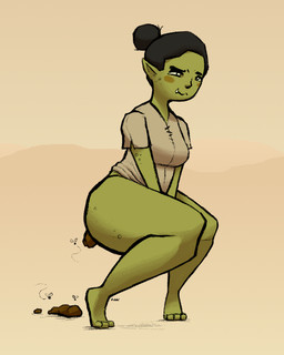 big_butt black_hair blush blush_stickers bottomless breasts butt clothed clothing crouching embarrassed exposed_teeth feces feces_on_ground feces_pile female green_body green_skin hair hair_bun hands_between_legs pointy_ears pooping pooping_on_floor pulling_shirt_down scatplay simple_background solo tan_background tan_clothing tan_shirt tan_topwear topwear tusks jubb microsoft the_elder_scrolls arthropod fly_(animal) humanoid insect orc 2021 signature