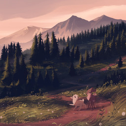 2_horns ambiguous_gender cloud duo evergreen_tree feral forest fur grass hair horn inner_ear_fluff mountain multicolored_body multicolored_fur outside path pine_tree plant quadruped short_hair shrub sky spots tail tree tuft white_body white_fur wind itsdanfango ansel_(itsdanfango) olive_(itsdanfango) bovid caprine deer goat mammal 1:1 2017 hi_res