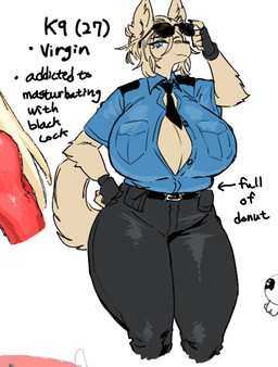 5_fingers anthro belt big_breasts blue_eyes bottomwear breasts cleavage clothed clothing eyewear female fingerless_gloves fingers fur gloves hand_on_hip handwear lifting_glasses necktie open_clothing open_shirt open_topwear pants police police_officer police_uniform shirt slightly_chubby solo sunglasses tail tall tan_body tan_fur text thick_thighs topwear uniform kissxmaker k9_(kissxmaker) canid canine canis domestic_dog mammal 2025 english_text hi_res model_sheet
