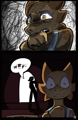 anthro bite blood bodily_fluids dialogue duo female male self_bite shaking text trembling brradett lernie_(brradett) tim_(brradett) scalie absurd_res colored comic digital_media_(artwork) english_text hi_res
