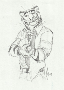 accessory anthro belt clothed clothing facial_markings fur head_markings looking_at_viewer male male_anthro markings mouth_closed narrowed_eyes necktie shirt simple_background solo striped_arms striped_body striped_face striped_fur stripes topwear whiskers hufnaar felid mammal pantherine tiger dated half-length_portrait hi_res monochrome portrait sketch