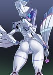 anus blush bodily_fluids butt censored chlorophytum condom darling_in_the_franxx female genital_fluids genitals hand_on_hip heart_censor heart_symbol hi_res humanoid looking_at_viewer looking_back looking_back_at_viewer machine not_furry pinup pochincoff pose pussy robot robot_humanoid sexual_barrier_device simple_background solo studio_trigger triangular_anus vaginal_fluids y_anus