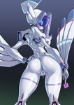 anus blush bodily_fluids butt censored chlorophytum condom darling_in_the_franxx female genital_fluids genitals hand_on_hip heart_censor heart_symbol hi_res humanoid looking_at_viewer looking_back looking_back_at_viewer machine not_furry pinup pochincoff pose pussy robot robot_humanoid sexual_barrier_device simple_background solo studio_trigger vaginal_fluids y_anus