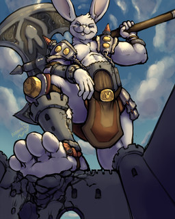 4_toes anthro armor axe barbarian barefoot battle_axe big_feet biped blue_eyes bottomwear building building_destruction castle clothed clothing cloud crush destruction detailed_background double_bitted_axe fantasy feet foot_crush fur holding_object holding_weapon loincloth looming low-angle_view macro male medieval melee_weapon muscular outside paws plantigrade raised_foot shoulder_pads size_difference sky smile soles solo stomping toes weapon weapon_on_shoulder white_body white_fur nommz conejito arctic_hare hare lagomorph leporid mammal rabbit 2015 4:5 digital_drawing_(artwork) digital_media_(artwork) hi_res