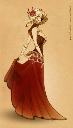 accessory anthro arm_warmers armwear bare_shoulders big_breasts black_nose breasts clothing dipstick_ears dress ear_markings ear_piercing female flower flower_in_hair hair hair_accessory hairband horn jewelry looking_at_viewer multicolored_ears piercing plant short_hair simple_background solo standing text hi-ku ruth_(hi-ku) deer mammal 2015 hi_res signature url