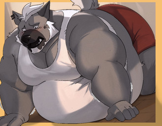 all_fours anthro belly belly_on_ground big_belly blush clothed clothing ear_piercing exercise flustered fur grey_body grey_fur male moobs motion_lines obese obese_anthro obese_male open_mouth overweight overweight_anthro overweight_male piercing push-up solo tkckid hyena mammal hi_res
