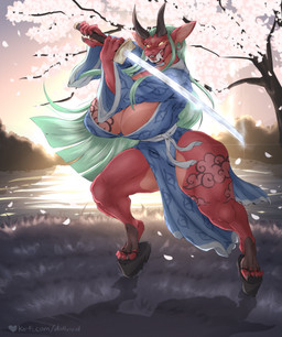 anthro asian_clothing breast_tattoo breasts cherry_blossom cherry_blossom_tree cherry_tree cleavage clothed clothing curved_horn ear_piercing east_asian_clothing fangs female flower footwear fruit_tree gauged_ear geta green_hair hair half-closed_eyes horn humanoid_pointy_ears japanese_clothing katana kimono leg_tattoo long_fangs long_hair melee_weapon narrowed_eyes open_mouth open_smile piercing plant pointy_ears prunus_(flower) red_body red_scales scales smile solo sword tattoo teeth thigh_tattoo tree weapon yellow_sclera dullvivid asian_mythology east_asian_mythology japanese_mythology mythology demon dragon mythological_creature mythological_scalie oni scalie yokai hi_res