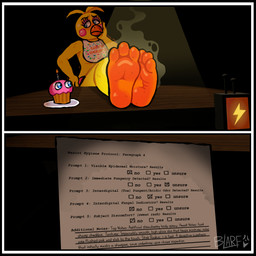 3_toes anthro bib blush cupcake dirty dirty_feet feathers feet feet_up female food foot_focus foot_on_table furniture looking_away musk smell_profile smelly smelly_feet soles solo stink_fumes table text toes yellow_body yellow_feathers blarf022 five_nights_at_freddy's five_nights_at_freddy's_2 scottgames toy_chica_(fnaf) avian bird chicken galliform phasianid 2026 absurd_res english_text hi_res