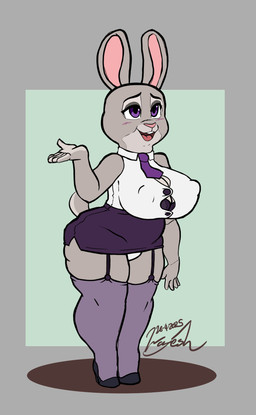 anthro barely_visible_underwear big_breasts bottomwear bra breasts buckteeth button_(fastener) cleavage clothed clothed_anthro clothed_female clothing collared_shirt dress_shirt female female_anthro footwear fur garter_straps grey_body grey_fur high_heels legwear mature_anthro mature_female miniskirt necktie nipple_outline overweight overweight_anthro overweight_female panties panty_peek panty_shot partially_visible_underwear pencil_skirt purple_eyes shirt shoes skirt solo standing stirrup_legwear stirrup_stockings stockings straining_buttons straining_clothing suspenders teeth thick_thighs topwear underwear wide_hips wayesh disney zootopia bonnie_hopps lagomorph leporid mammal rabbit hi_res signature