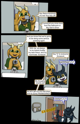 bathroom camera collar dialogue duo horn introduction kick male male/male mirror short text inhumaninterest demon hellmouth_imp imp comic english_text hi_res multiple_scenes