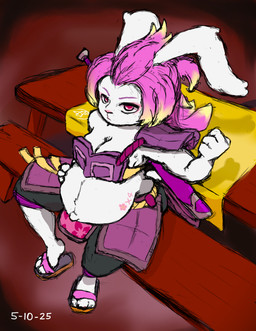 anthro belly big_belly birth_counter breasts clothing eyeshadow female footwear fur hair makeup melee_weapon pink_eyeshadow pink_hair pregnancy_tally pregnant pregnant_anthro pregnant_female red_eyes shoes solo sword weapon white_body white_fur dumbydino gunfire_reborn tao_(gunfire_reborn) lagomorph leporid mammal rabbit absurd_res hi_res