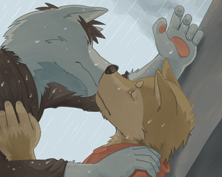 anthro black_nose brown_body brown_fur clothing duo eyes_closed fur humanoid_hands kabedon kemono kissing male male/male raining romantic shirt topwear wet kotori canid canine canis domestic_dog mammal wolf 2015 5:4