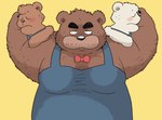 anthro apron black_nose blush bow_tie brown_body brown_fur clothing eyes_closed fur group kemono male overweight overweight_male simple_background white_body white_fur young young_anthro wantaro kumalino sanrio drip_(kumalino) roast_(kumalino) syrup_(kumalino) bear mammal polar_bear ursine 2023