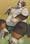 anthro belly big_belly clothed clothing feet kemono male moobs necktie nipples open_clothing open_shirt open_topwear overweight overweight_male shirt sitting solo topwear underwear arufina_w bernese_mountain_dog canid canine canis domestic_dog mammal molosser mountain_dog swiss_mountain_dog 2024 absurd_res hi_res