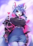 anthro big_breasts blue_hair bottomwear breasts clothing crop_top female fluffy fluffy_tail fur hair jacket long_ears long_tail nipple_outline pink_eyes pink_hair shirt simple_background skirt smile solo tail tongue topwear white_body white_fur wide_hips liloli_(artist) fell_(aruurara) canid canine fennec_fox fox mammal true_fox hi_res