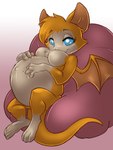 anthro bean_bag belly big_belly blue_eyes breasts cheek_tuft chest_tuft facial_tuft featureless_breasts female gloves_(marking) gradient_background hair holding_belly leg_markings looking_at_viewer markings membrane_(anatomy) membranous_wings navel nude on_bean_bag orange_hair outie_navel plantigrade pregnant pregnant_anthro pregnant_female reclining simple_background sitting smile socks_(marking) solo tuft wings krystalvix_(artist) dust:_an_elysian_tail fan_character windchaser_(rnixon) bat mammal nimbat 2017 absurd_res hi_res