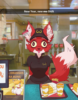anthro black_bottomwear black_clothing black_pants blush bottomwear breasts clothed clothed_anthro clothed_female clothing cute_fangs derp_eyes eyebrows fangs female female_anthro fully_clothed fully_clothed_anthro fully_clothed_female fur hat headgear headwear inner_ear_fluff inside open_mouth pants photo_background pockets red_body red_fur solo standing teeth tuft white_body white_fur jasminthemanticore wcdonald's courtney_(jasminthemanticore) canid canine fox mammal 2026 absurd_res digital_drawing_(artwork) digital_media_(artwork) hi_res mixed_media photography_(artwork)