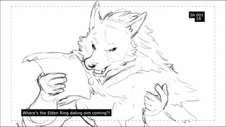 anthro censor_bar dialogue duo ellipsis eye_scar eyes_closed facial_scar fangs flirting fur fur_cloak male muscular muscular_anthro muscular_male open_mouth pecs scar smile storyboard teeth text dahecksajerry bandai_namco digimon elden_ring fromsoftware blaidd_(elden_ring) canid canine canis digimon_(species) mammal terriermon wolf 2d_animation animated english_text frame_by_frame monochrome partially_colored short_playtime sound subtitled video