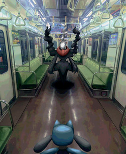 ambiguous_gender anthro black_body blue_eyes duo multicolored_body one_eye_obstructed text train vehicle watawatakuro nintendo pokemon darkrai generation_4_pokemon humanoid legendary_pokemon pokemon_(species) riolu 2025 hi_res japanese_text