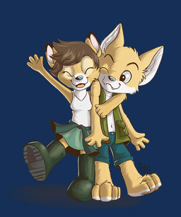 anthro blue_bottomwear blue_clothing blue_shorts blue_skirt boots bottomwear brown_hair cheek_tuft closed_smile clothed clothing duo eyelashes eyes_closed facial_tuft female female_anthro footwear front_view fur green_boots green_clothing green_footwear green_topwear green_vest hair head_tuft logo male male_anthro mouth_closed one_eye_closed open_mouth open_smile shoes short_hair shorts simple_background skirt smile standing topwear transparent_background tuft vest white_body white_clothing white_fur white_topwear yellow_body yellow_fur young young_anthro young_female young_male pandapaco canid canine deer fox mammal alpha_channel artist_logo signature