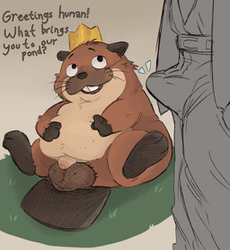 accessory anthro balls belly bestiality bottomwear bulge clothing dialogue duo erection erection_under_clothing feral flaccid genitals human_on_feral interspecies king male male/male necktie pants penis royalty shirt slightly_chubby small_penis text topwear ookamiwolfb disney hoppers_(disney) pixar king_george_(hoppers) beaver human mammal rodent 2026 english_text hi_res