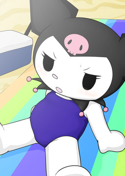 beach black_eyes blue_clothing blue_swimwear chibi clothing female fur hood one-piece_swimsuit sitting solo sunbathing swimwear white_body white_fur vulapa onegai_my_melody sanrio kuromi my_melody demon lagomorph leporid mammal rabbit hi_res