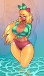 anthro big_breasts bottomwear breasts cleavage clothed clothing daisy_dukes denim denim_bottomwear denim_clothing denim_shorts ear_piercing ear_ring female head_scarf hotpants looking_aside mature_female midriff partially_submerged piercing ring_piercing shirt shorts solo thick_thighs tied_shirt topwear wide_hips jamoart bethany_(jamoart) capybara caviid mammal rodent absurd_res hi_res
