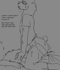 anal anal_penetration anthro black_text bodily_fluids bottomless clothed clothing dialogue drooling duo eyes_closed femboy fur genital_fluids good_boy lying male male/male male_penetrated male_penetrating male_penetrating_male neck_tuft on_back open_mouth penetration penile penile_penetration saliva sex shirt shirt_only short_tail side_view simple_background sweat tail text topwear topwear_only tremble_lines tuft x-ray_view mertvykhcrows hazen bear mammal 2025 digital_media_(artwork) english_text hi_res monochrome pixel_(artwork)