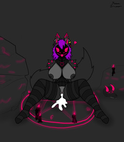 anthro big_breasts black_body black_clothing black_fur black_sweater black_topwear bodily_fluids bone breasts choker clothing cum cum_drip cum_in_vagina cum_inside dripping ear_piercing ear_ring female fluffy fluffy_tail footwear fur genital_fluids hair hand_behind_back heart_symbol horn jewelry leaking_cum legwear machine markings mischievous mischievous_smile necklace occult_symbol pentagram piercing pink_eyes pink_markings purple_hair ring_piercing short_hair skull smile socks solo solo_focus spread_legs spreading summoning_circle sweater symbol tail thick_thighs thigh_highs thigh_socks tongue tongue_out topwear turtleneck virgin_killer_sweater reena_dreamer meme_clothing reena_(reena_dreamer) canid canine canis demon hybrid mammal protogen wolf absurd_res hi_res meme