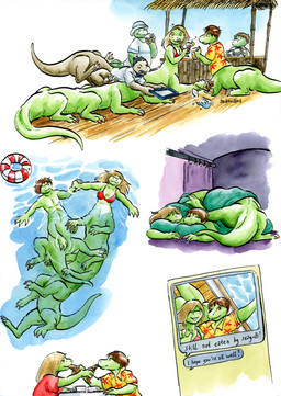10_legs 3_toes 4_fingers arms_bent ass_up back_groove bedding bird's-eye_view blonde_hair blue_sky bottomless bra breasts brown_body brown_hair claws clothed clothing collarbone container cup day drinking earless eating eyes_closed falling_cup falling_object falling_on_another feet female filled_glass fingers floor food food_tray furniture glass glass_container glass_cup green_body group hair hand_holding high-angle_view holding_food holding_glass holding_object hug husband_and_wife inside life_ring long_body long_hair looking_aside looking_at_another looking_down looking_up lying lying_together male married_couple mostly_nude multi_body multi_leg multi_limb on_another on_back on_front open_mouth orange_claws orange_eyes outside partially_submerged pattern_clothing pattern_shirt pattern_t-shirt pattern_topwear pecs phone_screen photo plantigrade purple_curtains purple_wall quadruped railing red_bra red_clothing red_shirt red_t-shirt red_topwear red_underwear sea serving_beverage sharing_food sharp_teeth shirt short_hair short_tail simple_background sitting sky smile snout soft_abs sprawling_gait spread_arms straight_hair striped_clothing striped_shirt striped_t-shirt striped_topwear stripes surprised swim_ring swimming_pool t-shirt table tail tapering_tail teeth text texting thick_tail toes topwear tray tripping underwear ventral_groove walking water white_background white_clothing white_shirt white_t-shirt white_topwear wide_crotch wood wood_floor yellow_clothing yellow_eyes yellow_shirt yellow_t-shirt yellow_topwear cervelet liz_(growing_troubles) simon_(growing_troubles) lizard lizard_taur long_taur reptile reptile_taur scalie scalie_taur taur 2024 comic english_text hi_res multiple_scenes painting_(artwork) shaded signature traditional_media_(artwork) traditional_painting_(artwork) traditional_watercolor_(artwork) watercolor_(artwork)