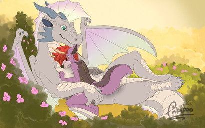 anthro butt butt_grab claws cuddling flower frill_(anatomy) hand_on_butt head_crest head_frill horn membrane_(anatomy) membranous_wings plant spread_wings sunset tail wings fisk24 mythology dragon mythological_creature mythological_scalie scalie 16:10 hi_res widescreen