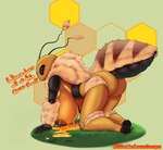 all_fours antennae_(anatomy) anthro arthropod_abdomen big_breasts bodily_fluids breasts butt dialogue exoskeleton female food fur honey_(food) huge_breasts kneeling lactating lactating_honey nipples rear_view solo tan_body tan_exoskeleton tan_fur text unusual_bodily_fluids unusual_lactation delicioussoup arthropod bee hymenopteran insect absurd_res english_text hi_res