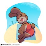 3_toes beach beach_towel beach_umbrella black_eyes brown_body brown_fur clothing eyelashes feet female fluffy fluffy_tail fur looking_at_viewer open_mouth open_smile parasol patreon_logo pink_nose red_clothing red_swimwear sand simple_background smile solo swimwear tail tan_body tan_fur toes tongue towel el_senor_erizo mr_harinezumi patreon tuzi_(el_senor_erizo) lagomorph leporid mammal rabbit 1:1 2024 colored hi_res shaded spanish_description textless